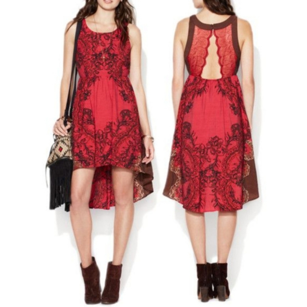 FREE PEOPLE Russian Red Floral Dress Hi-lo Design Lace Cutout Women's Size Small